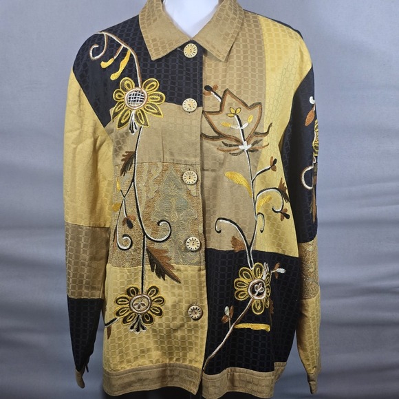 indigo moon Jackets & Blazers - Indigo Moon Y2K Jacket Women's Size L Gold Floral Embroidered Boho Lined Buttons